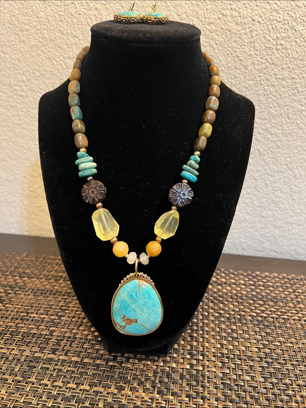 Barse Turquoise and Stone Pendant Necklace with matching turquoise Earrings